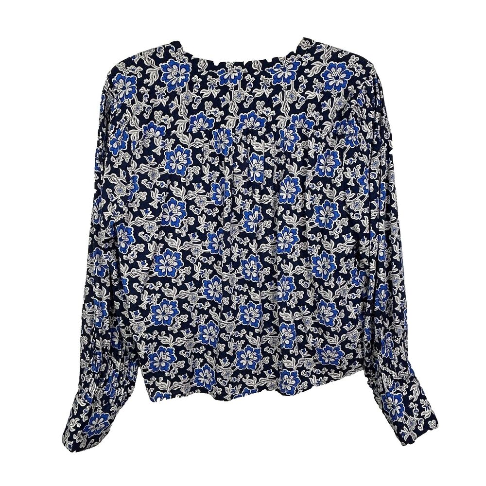 J.Crew V Neck Tie Top Floral Cotton Blend Dobby Blue Floral Long Puff Sleeve M - Picture 8 of 14